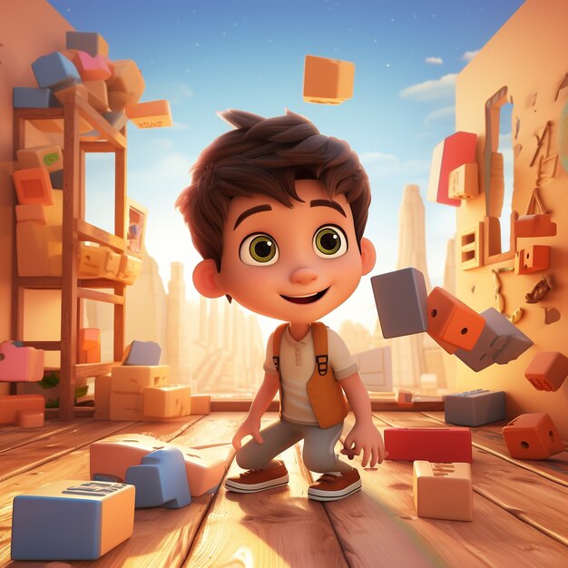 Мультфильм, как ребенок, играющий с кубиками в помещении
