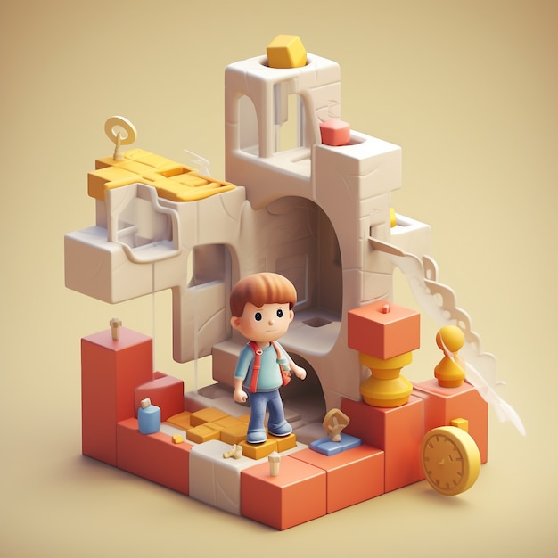 Бесплатное фото Мультфильм, как ребенок, играющий с кубиками в помещении