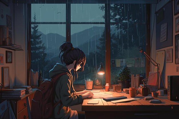 漫画のローファイな若いマンガ スタイルの女の子が音楽を聴きながら勉強し、通りに雨が降っています Ai 生成