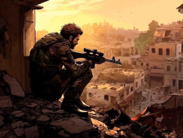 Cartoon soldier with combat war