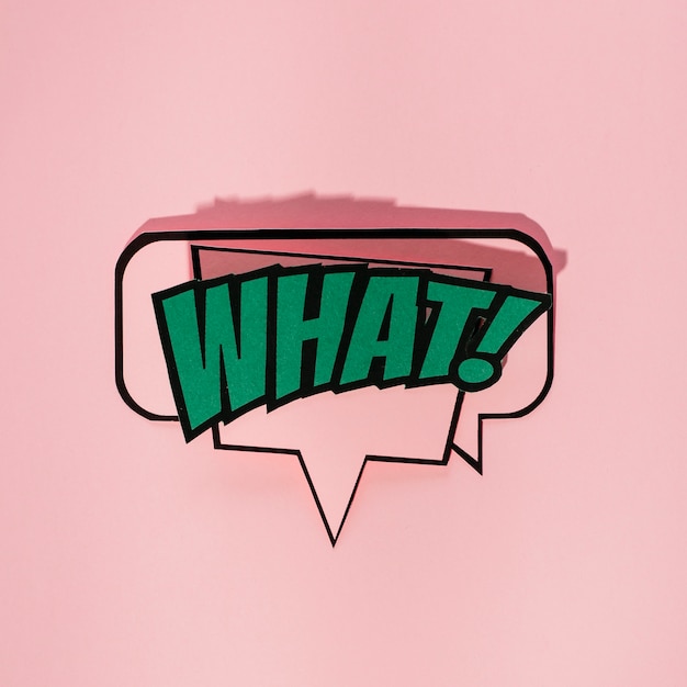 Cartoon speech bubble with what expression text against pink background