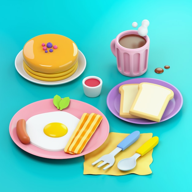Foto gratuita colazione e caffè in stile cartone animato