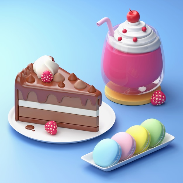 Cartoon style cake and milkshake