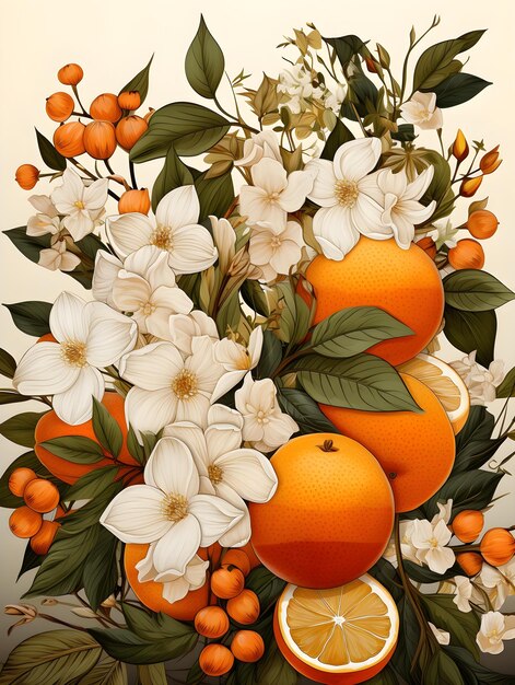 cartoon style clementines and orange blossoms illustration