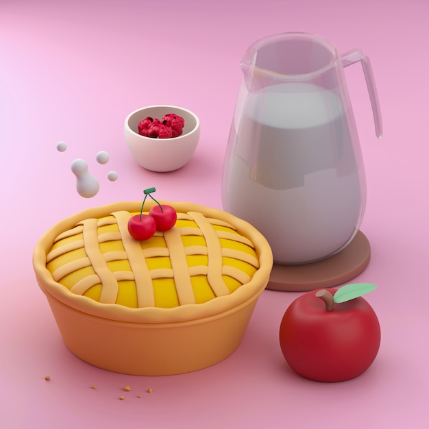 Free photo cartoon style pie and milk