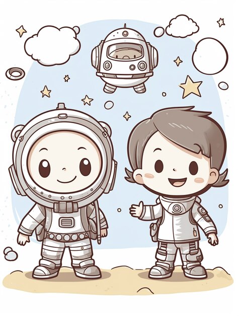 Cartoon style portrait of two child austronauts