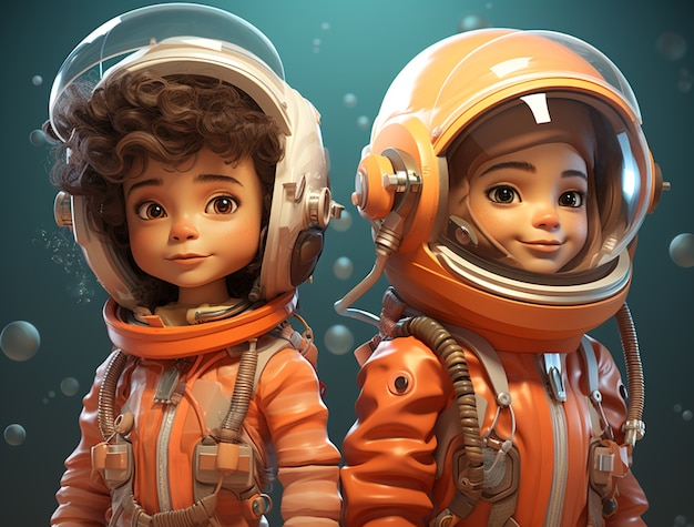 Free photo cartoon style portrait of two child austronauts