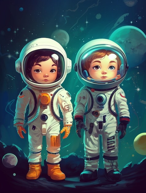 Free photo cartoon style portrait of two child austronauts