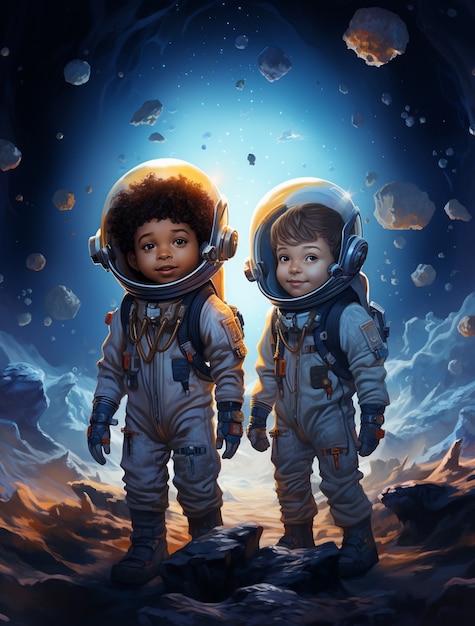 Free photo cartoon style portrait of two child austronauts