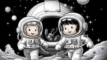 Free photo cartoon style portrait of two child austronauts