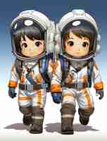 Free photo cartoon style portrait of two child austronauts