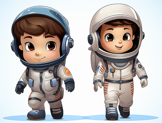 Free photo cartoon style portrait of two child austronauts