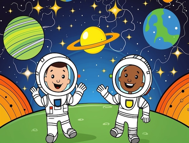 Free photo cartoon style portrait of two child austronauts