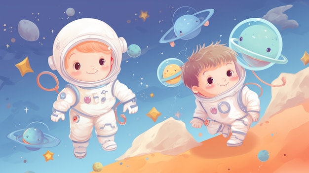 Free photo cartoon style portrait of two child austronauts