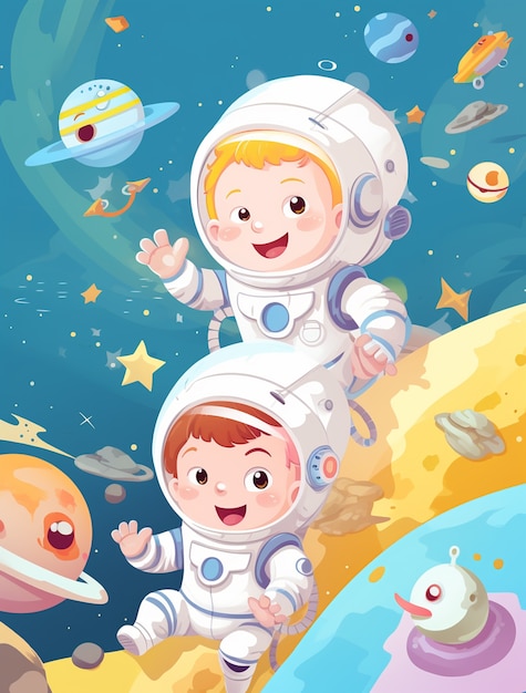 Free photo cartoon style portrait of two child austronauts