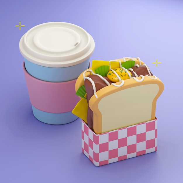 Panino in stile cartone animato e tazza di caffè
