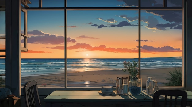 Cartoon style summer scene with window view