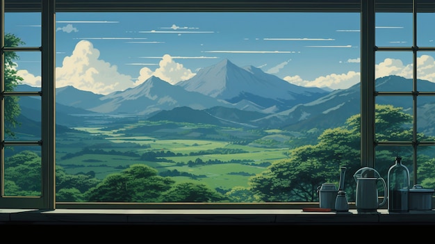 Летняя сцена в стиле мультфильма с видом из окна