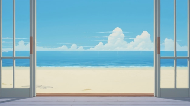 Летняя сцена в стиле мультфильма с видом из окна