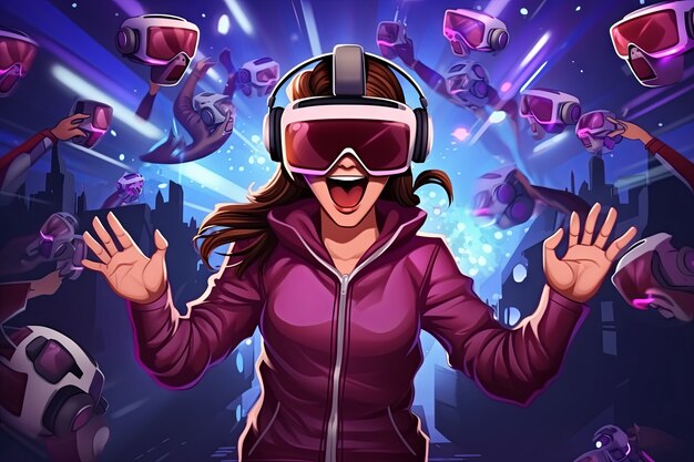 Cartoon woman wearing vr glasses