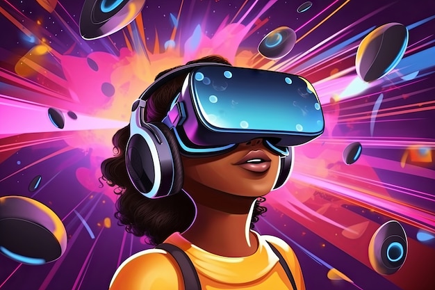 Cartoon woman wearing vr glasses