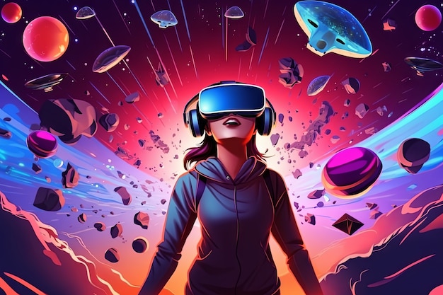 Cartoon woman wearing vr glasses