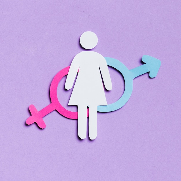 Cartoon woman with feminine and masculine gender signs
