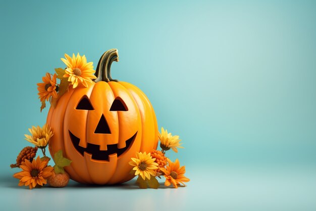 Carved pumpkin and flowers arrangement