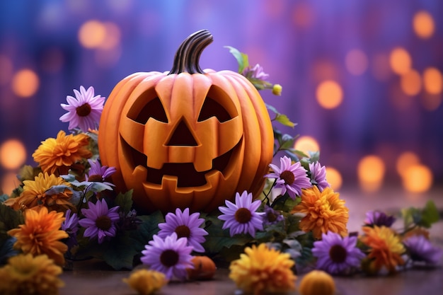 Carved pumpkin and flowers arrangement