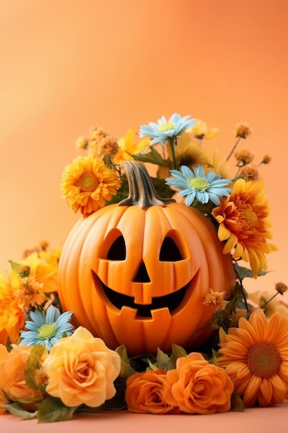 Free photo carved pumpkin and flowers arrangement