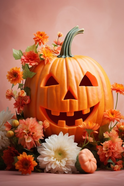 Free photo carved pumpkin and flowers arrangement