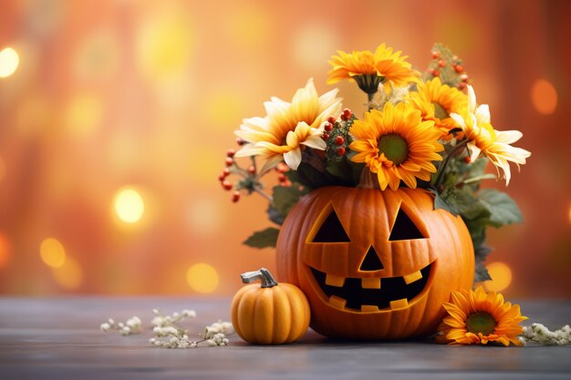 Carved pumpkin and flowers arrangement