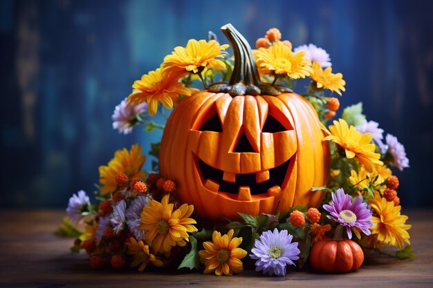 Carved pumpkin and flowers arrangement