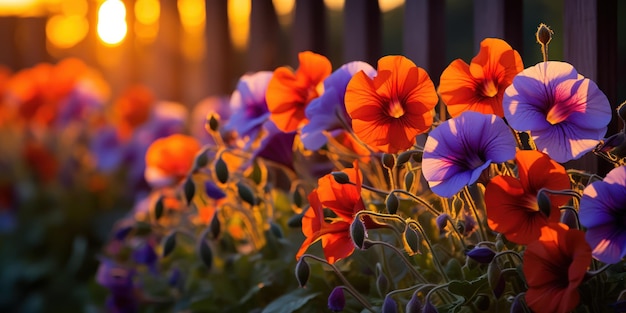 Cascade of fieryhued nasturtiums contrasts with the neat lines of a garden fence