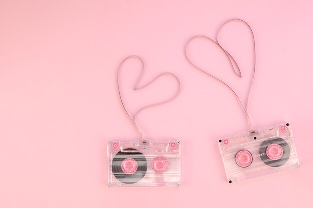 Casette tapes with hearts top view