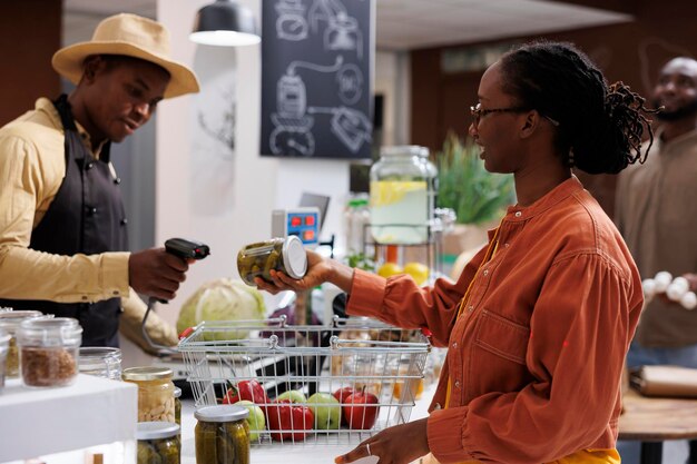 Cashier scanning organic products