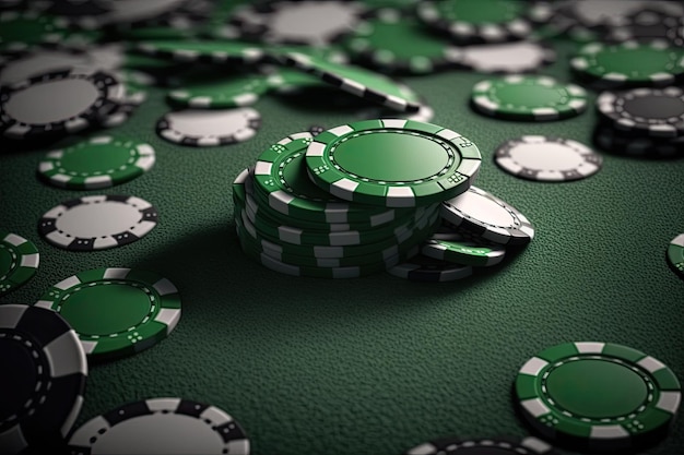 緑のテーブル表面のカジノ チップ AI 生成
