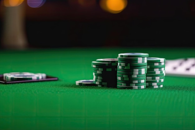 Фишки казино на зеленой поверхности стола с генерацией copyspace Ai