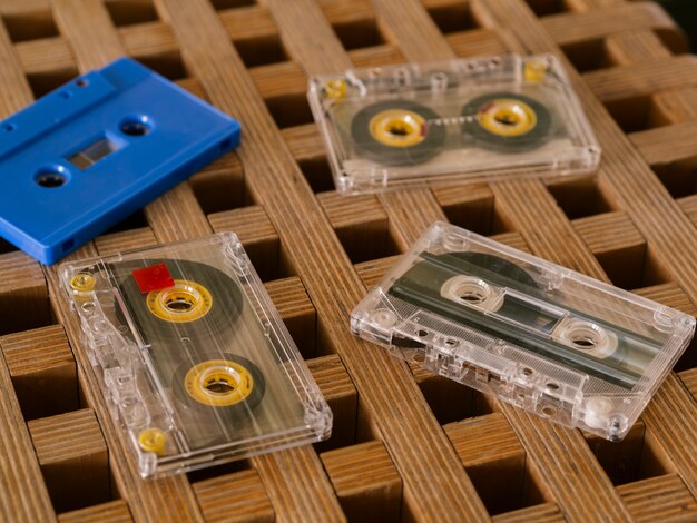 Cassette tapes on table close-up shot