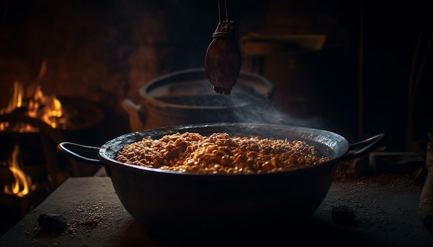 AIが生成した薪の火の上に鋳鉄製の調理鍋