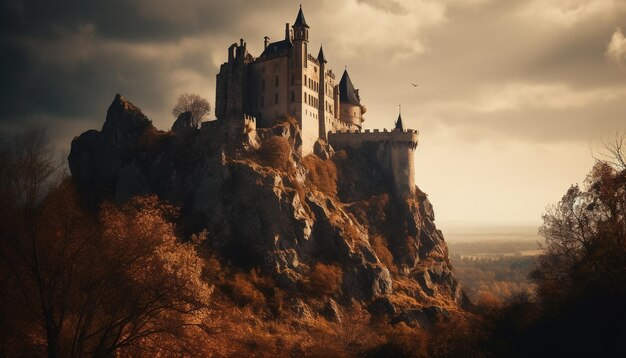 Castle on a cliff with a cloudy sky