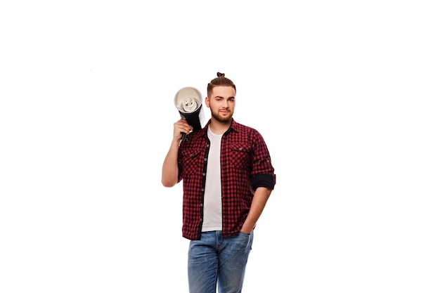 Casual bearded lighting director isolated on white background.