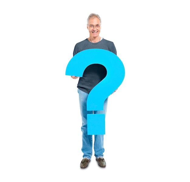 Free photo a casual man holding a blue question mark