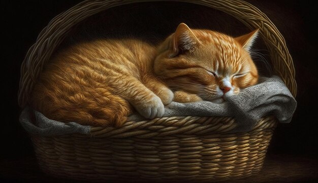 かごの中の猫が毛布の上で寝ています。
