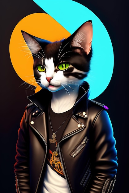 A cat in a black jacket with green eyes.