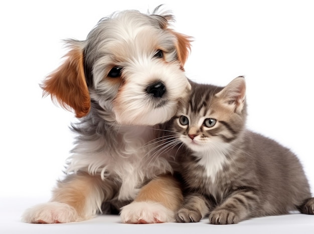 Gatto e cane che sono affettuosi e mostrano amore l'uno per l'altro