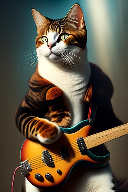 Free photo a cat is playing a guitar and is wearing a striped shirt.