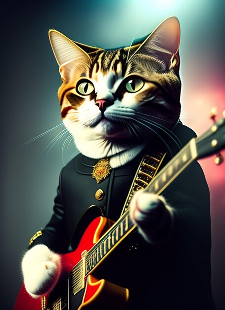 A cat is playing a guitar wearing a suit that says'the cat '