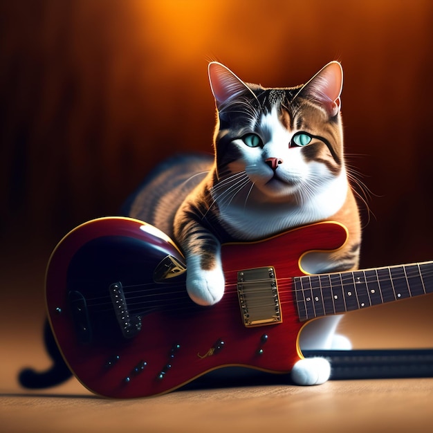 A cat is playing a red guitar with the word on it