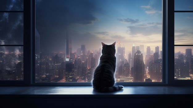 Free photo cat looking at a futuristic sky through window